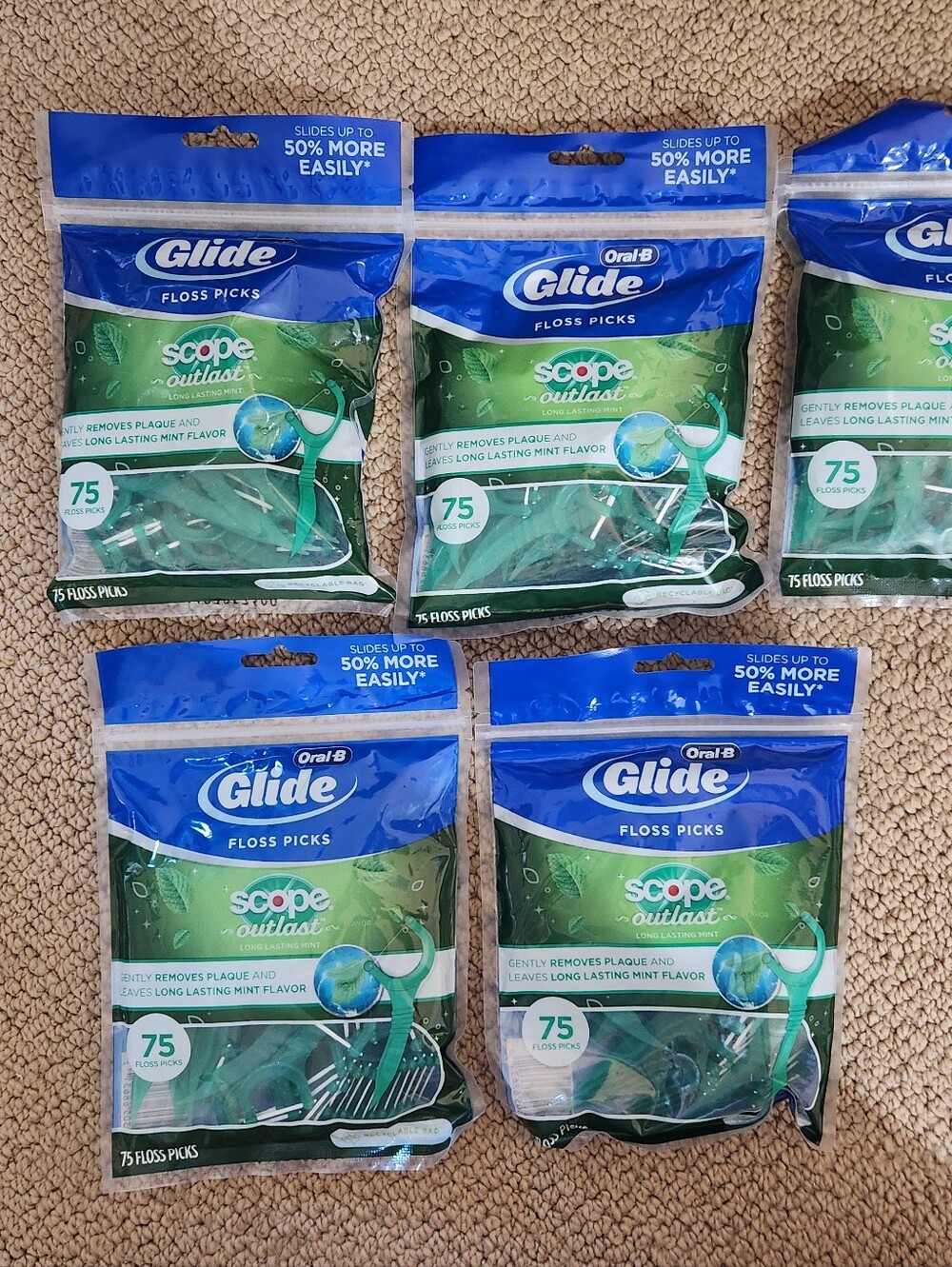 Brand New Pkgs of Oral-B Glide Scope Outlast Mint Floss Picks - Green (75 Count)